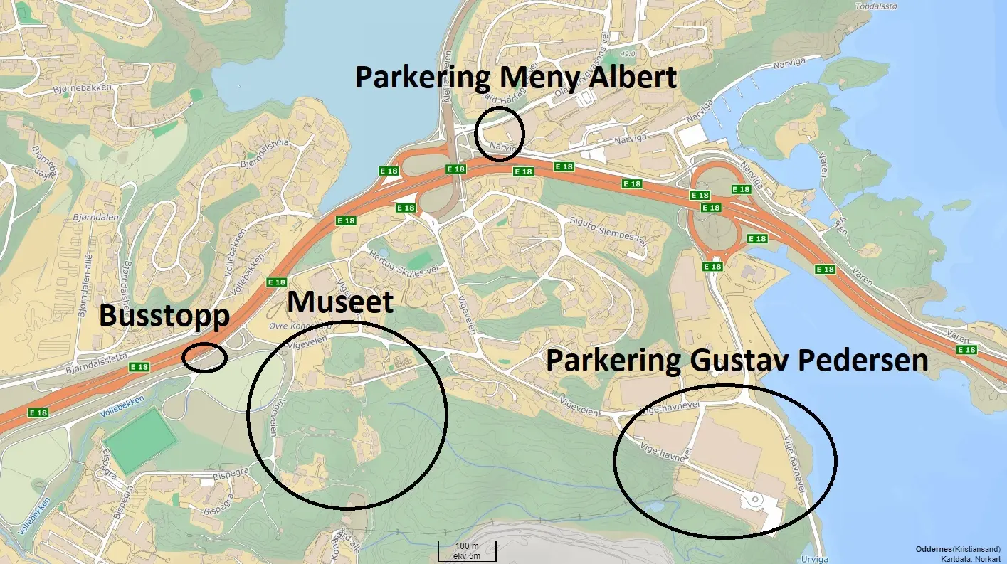 Parkeringskart Kristiansand museum med busstopp.