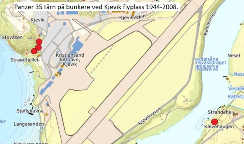 Kart som viser plassering av pansertårnene ved Kjevik i perioden 1944-2008.