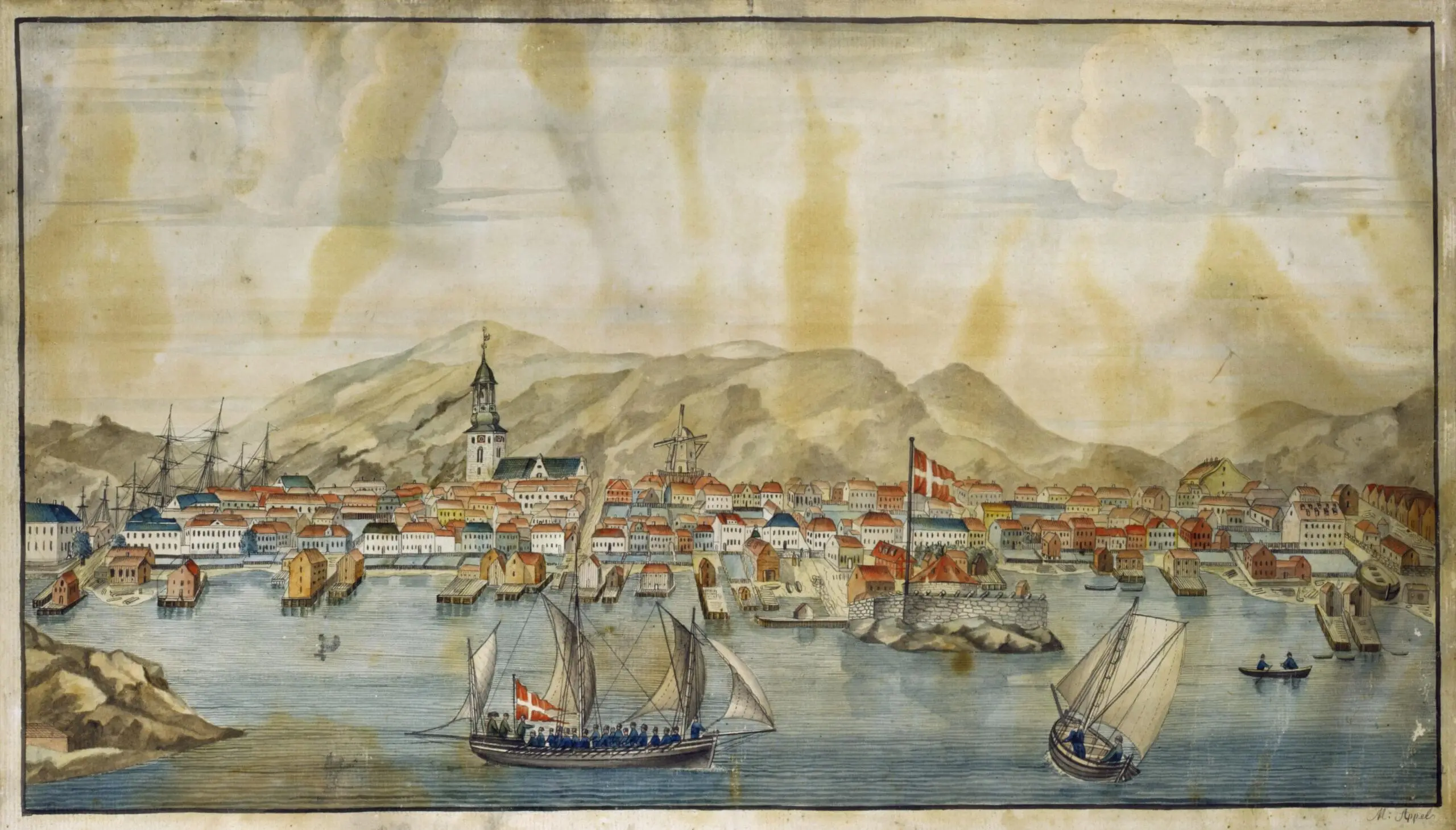 Kristiansand malt av Meindert Appel ved begynnelsen av 1800-tallet. Foto er av Arve Lindvig - Vest-Agder-museet.