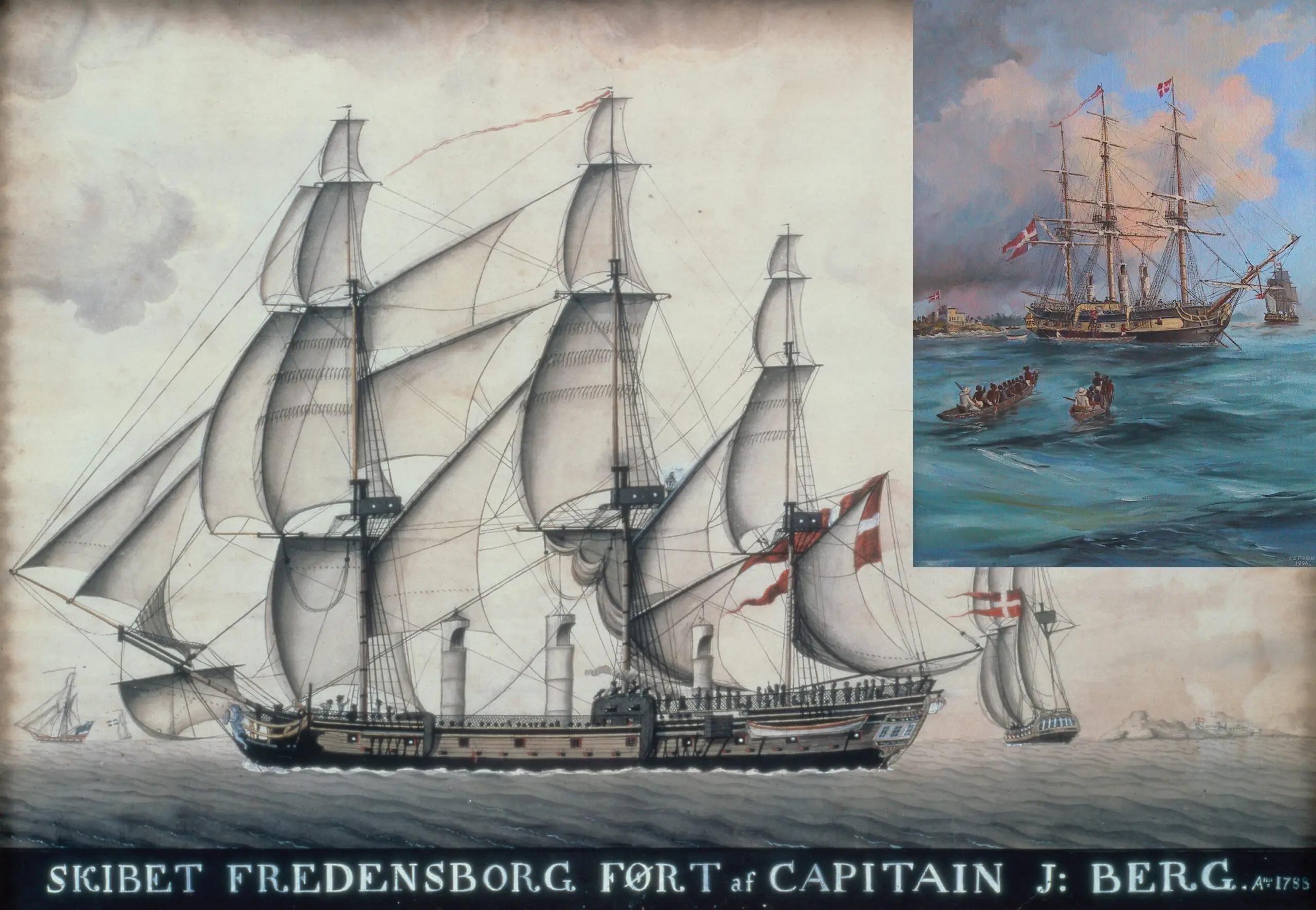 Farvelagt tegning viser fregatten slaveskipet Fredensborg ført af Kaptajn J. Berg i 1788.